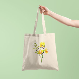 Bolso De Tela Flores de acuarela amarillas con tu inicial en un