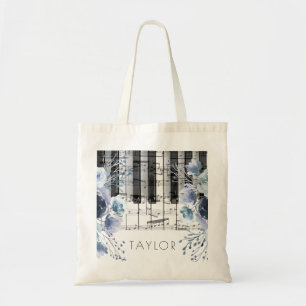 Bolso De Tela flores de acuarela azul polvoriento piano