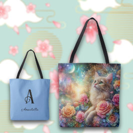 Bolso De Tela Flores de acuarela de época y monograma de gato