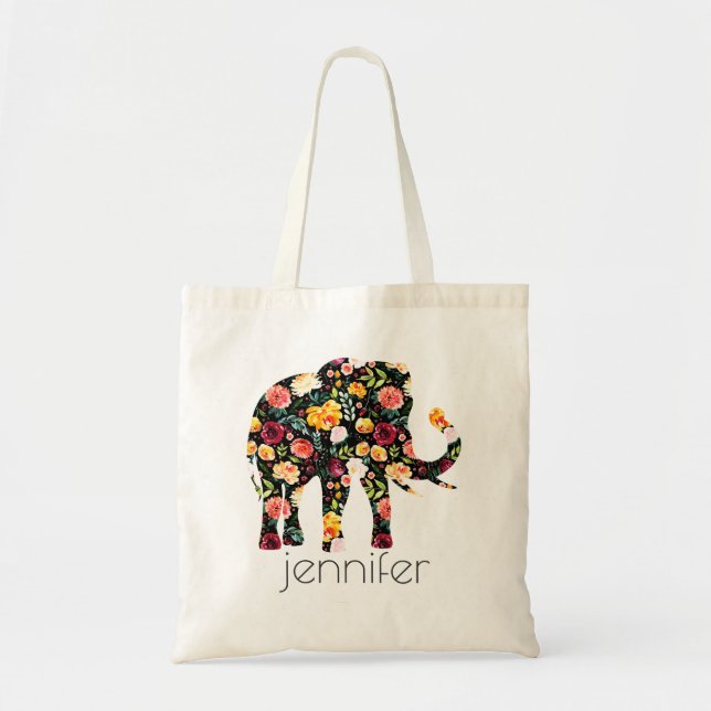 Bolso De Tela Flores de acuarela elefante ilustracion 2 (Frente)