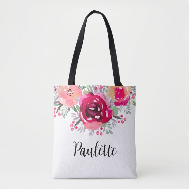 Bolso De Tela Flores de acuarela personalizadas (Anverso)