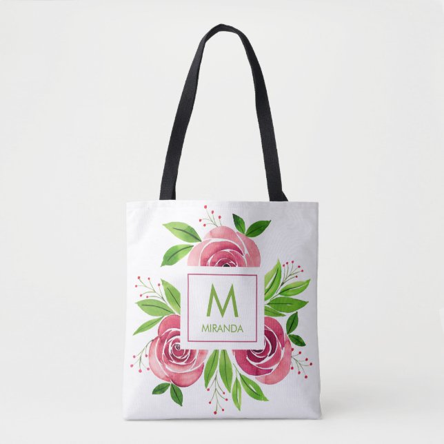Bolso De Tela Flores de Acuarela Rosa Monograma Personalizado (Anverso)