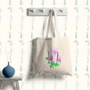 Bolso De Tela Flores de acuarela rosadas con tu inicial