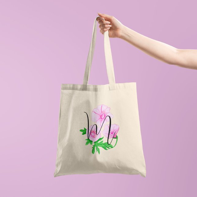 Bolso De Tela Flores de acuarela rosadas con tu inicial 1 lado (Subido por el creador)