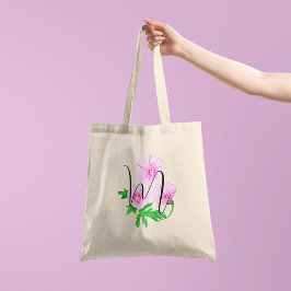 Bolso De Tela Flores de acuarela rosadas con tu inicial en 1 lad