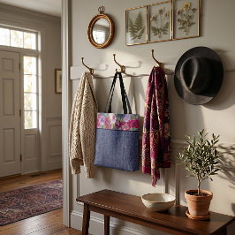 Bolso De Tela flores de acuarela y denim borgoña