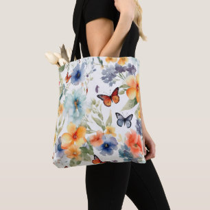 Bolso De Tela Flores de acuarela y mariposas Impresión botánica