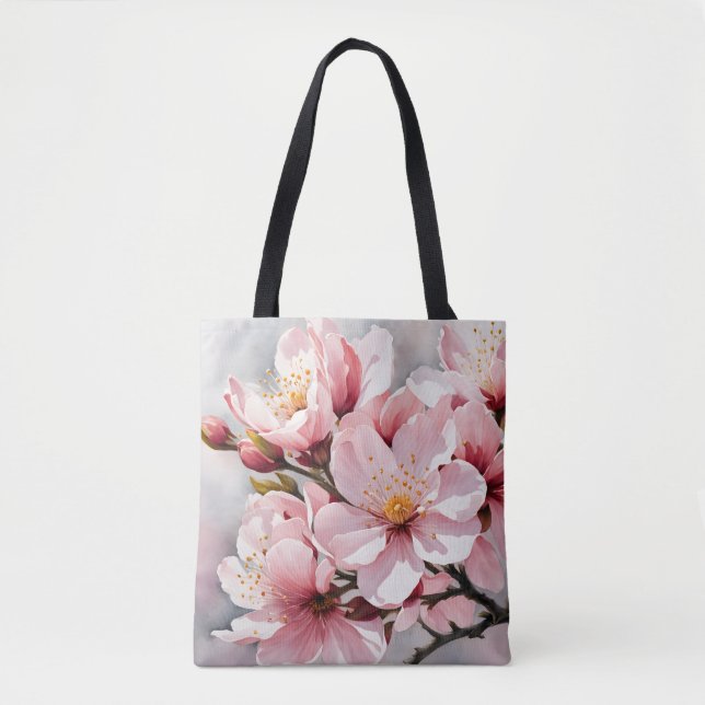 Bolso De Tela Flores de albaricoque rosa y blanco en fondo gris (Anverso)