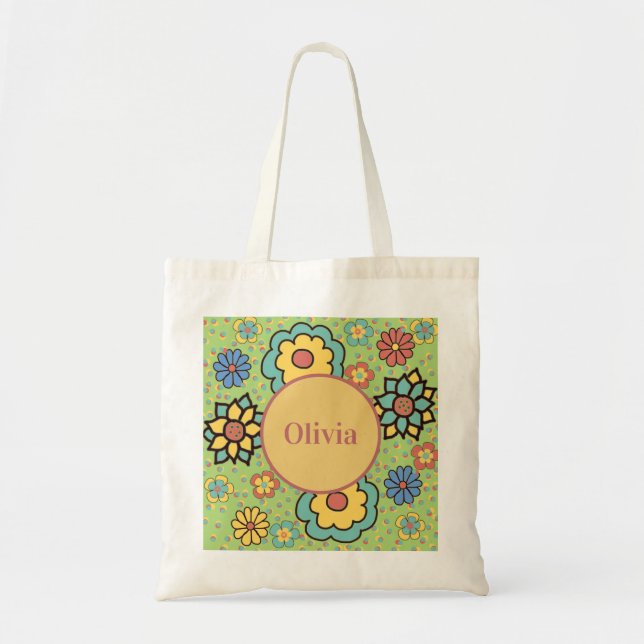 Bolso De Tela Flores de boho azul amarillo verde dulce (Frente)