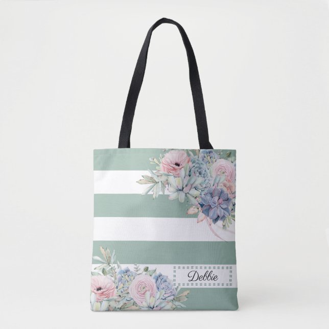 Bolso De Tela Flores De bonito Y Bandas Verdes Sage Tote Bag (Anverso)