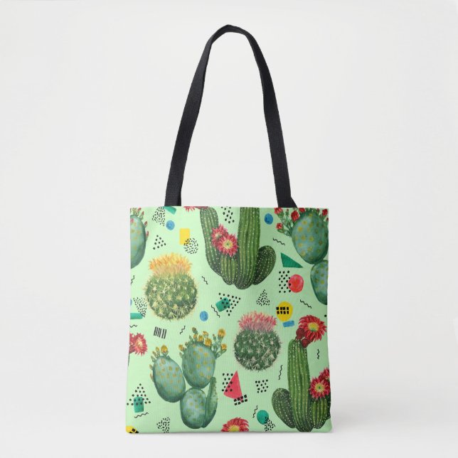 Bolso De Tela Flores de cactus: fondo geométrico acuarela. (Anverso)