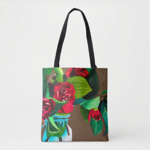 Bolso De Tela Flores de camellis rojas de arte original acuarela