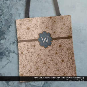 Bolso De Tela Flores de campo: Monogramado de Tan y Azul de la M