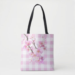 Bolso De Tela Flores de cerezo acuarela rosa cuadros de gingham