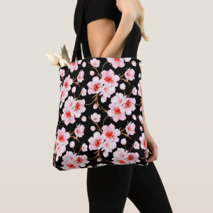 Bolso De Tela Flores de cerezo de color de agua rosado negro