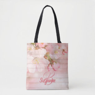 Bolso De Tela Flores de cerezo rosa monogramadas de color pastel