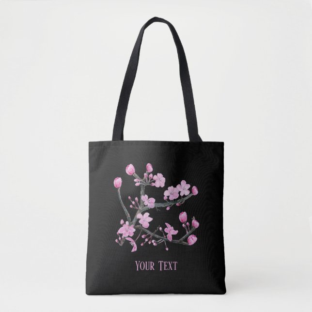Bolso De Tela Flores de cerezo rosa personalizadas negro (Anverso)