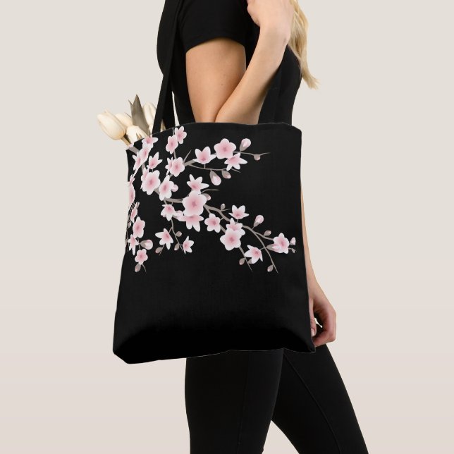 Bolso De Tela Flores de Cerezo Rosadas Negro (Detalle)