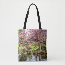Bolso De Tela Flores de cerezo rosadas y estanque fotográfico