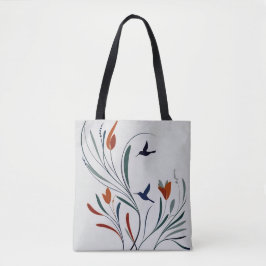 Bolso De Tela Flores de colibríes de caligrafía minimalista de m