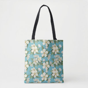 Bolso De Tela Flores de color blanco hojas verdes