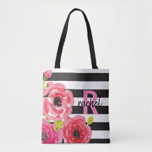 Bolso De Tela Flores de color de agua rosadas y rayas monogramad