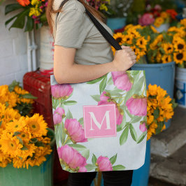 Bolso De Tela Flores de color rosa inicial monograma