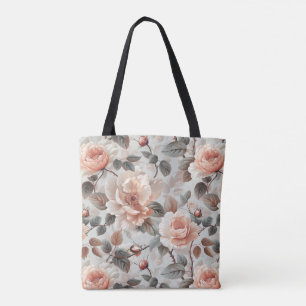 Bolso De Tela Flores de crema con hojas grises sobre un gris cla