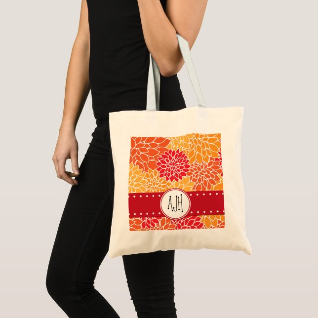 Bolso De Tela Flores de Dahlia, Naranja Dahlia, Monograma (Anverso (producto))