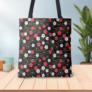 Bolso De Tela Flores de flores de flores de cerezo negras de Sak