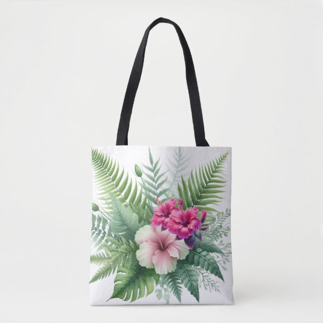 Bolso De Tela Flores de follaje tropical e hibiscus (Anverso)