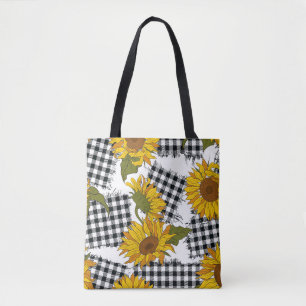 Bolso De Tela Flores de girasol brillantes en parches a cuadros.