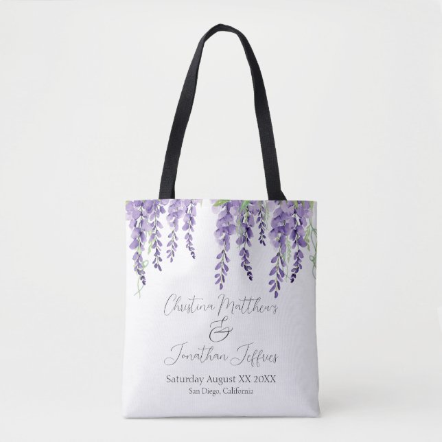 Bolso De Tela Flores de glicinia morada en blanco elegante (Anverso)