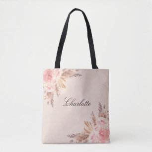 Bolso De Tela Flores de hierba de pampas rosadas de oro rosa nom