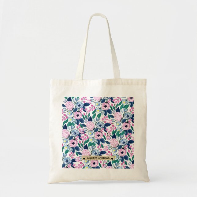 Bolso De Tela Flores de la marina rosa dulce acuarela Monograma  (Frente)