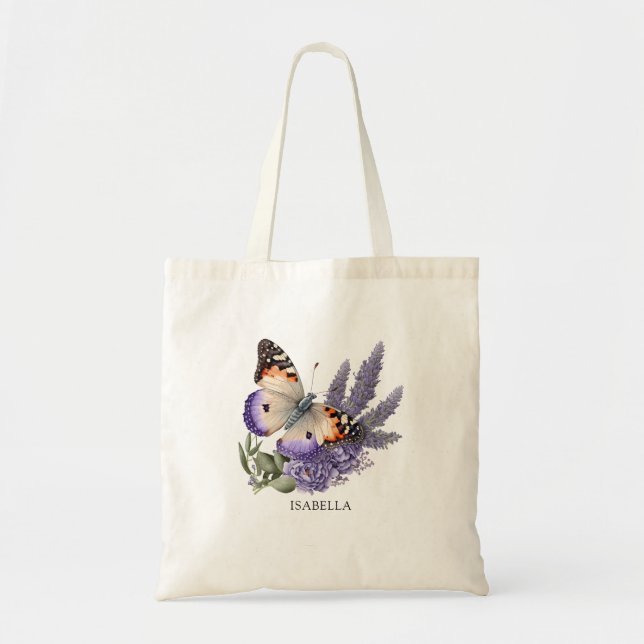 Bolso De Tela Flores de lavanda acuarela con mariposa personaliz (Frente)