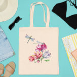 Bolso De Tela Flores de libélula acuarela primavera verano<br><div class="desc">Este diseño fue creado a través del arte digital. Se puede personalizar haciendo clic en el botón personalizar y cambiando el color, agregando un nombre, iniciales o tus palabras favoritas. Contáctame en colorflowcreations@gmail.com si quieres tener este diseño en otro producto. Compra mi pintura de acrílico abstracta original a la venta...</div>