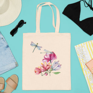 Bolso De Tela Flores de libélula acuarela primavera verano
