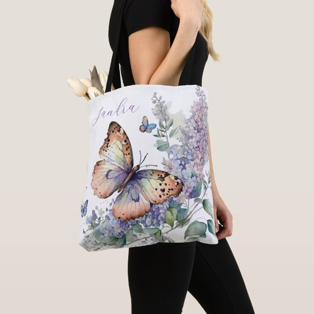 Bolso De Tela Flores de lila elegantes y mariposa (Detalle)