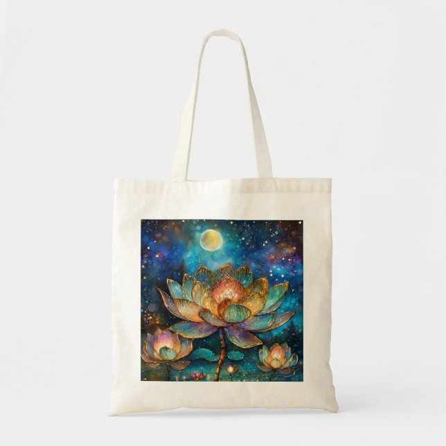 Bolso De Tela Flores de Lotus de vidrio manchado en la luna (Frente)
