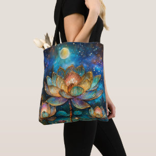 Bolso De Tela Flores de Lotus de vidrio manchado en la luna