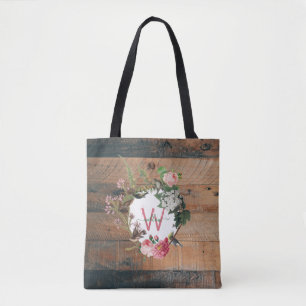 Bolso De Tela Flores de madera rústica monogramadas