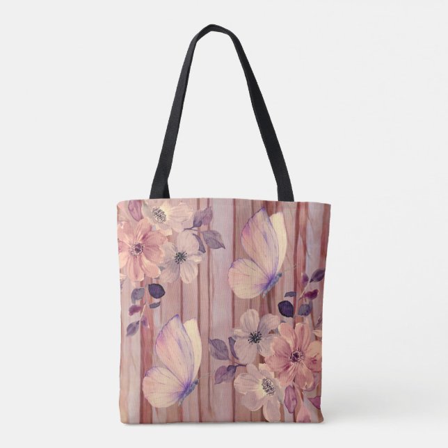 Bolso De Tela Flores de madera rústica y mariposas (Reverso)