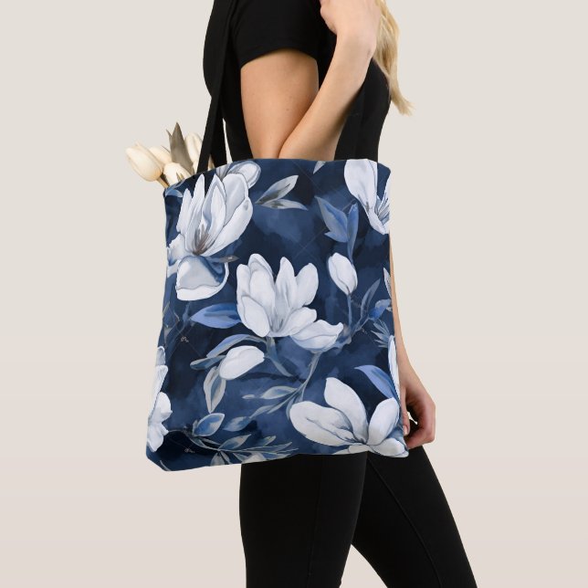 Bolso De Tela Flores de magnolia blanca, fondo azul (Detalle)