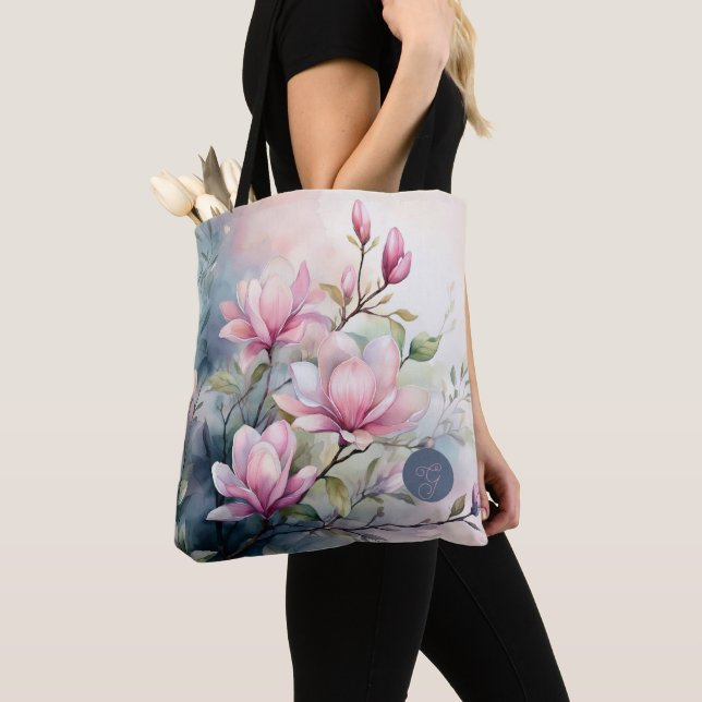 Bolso De Tela Flores de Magnolia Rosa Botánico Monogramado (Detalle)