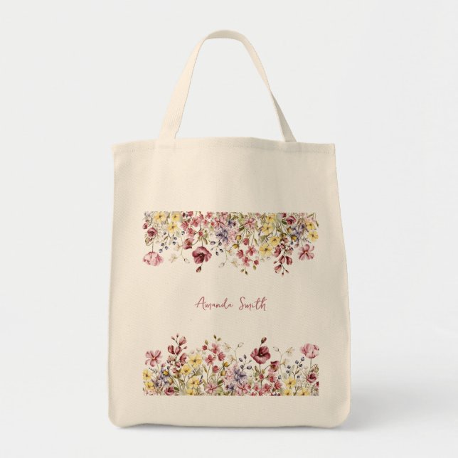 Bolso De Tela Flores de nombre personalizadas florales (Frente)