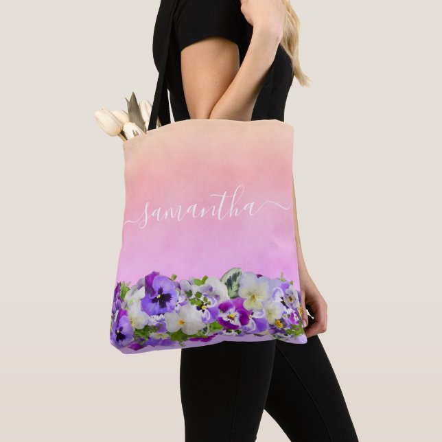 Bolso De Tela Flores de oro rosa rosa violeta púrpura nombre (Detalle)