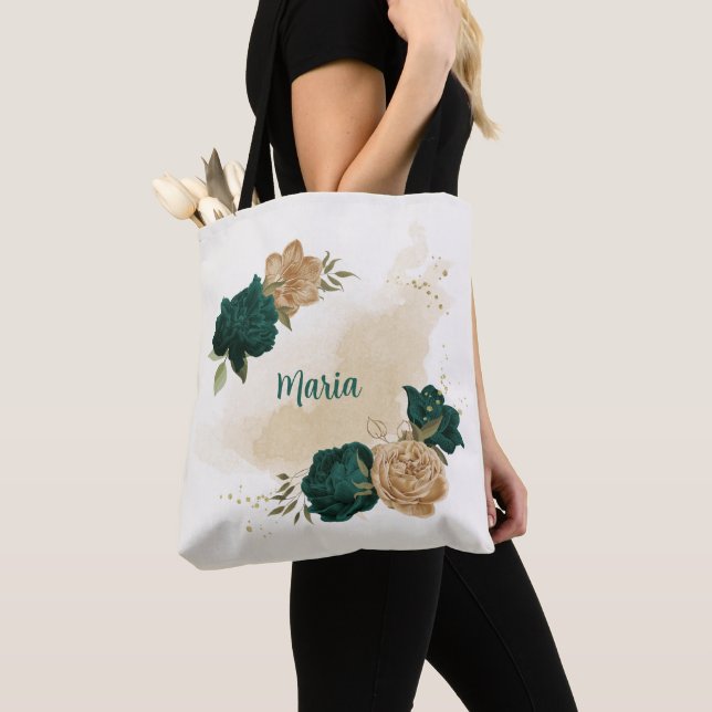 Bolso De Tela flores de oro verde esmeralda y beige (Detalle)