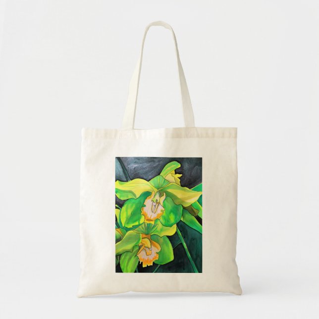 Bolso De Tela Flores de orquídea arte verde y amarillo (Frente)
