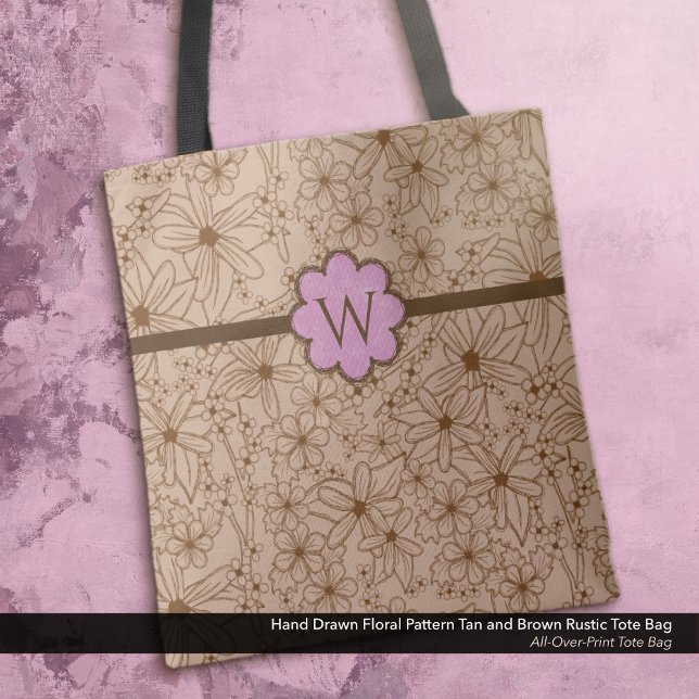 Bolso De Tela Flores de país: Monogramado Tan y Rosa (Tote Bag: Rustic Hand Drawn Floral Pattern in Brown and Tan with a Distressed Soft Pink Monogram.)